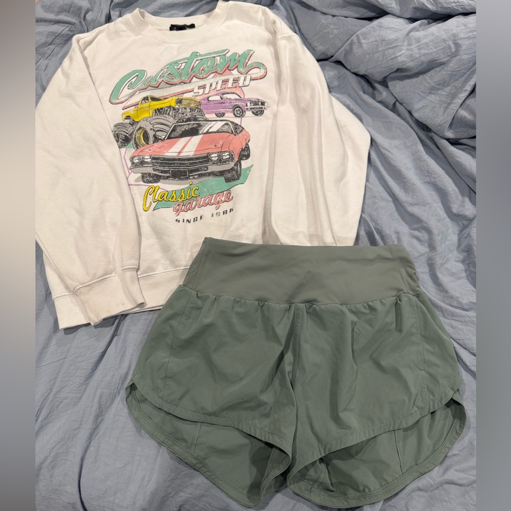 Women's Green Athletic Shorts and sweatshirt bundle